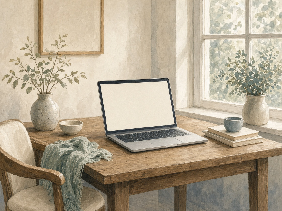 Illustrated laptop on a table prepared for a video session